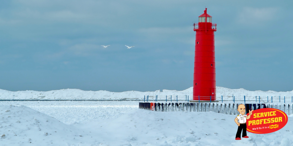 red lighthouse in the snow