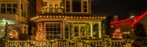 Exterior of a home decorated with holiday lights