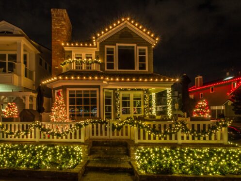 Exterior of a home decorated with holiday lights