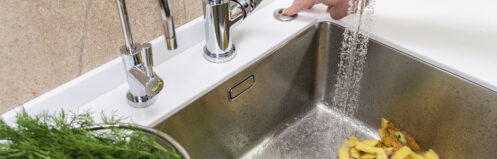 Kitchen sink with a garbage disposal filled with food scraps