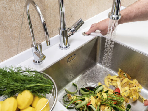 Kitchen sink with a garbage disposal filled with food scraps